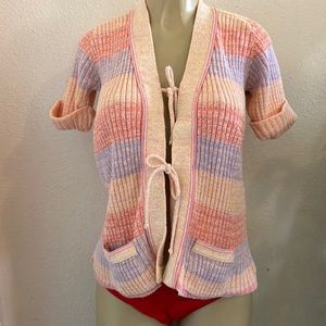 Vintage Cardigan Sabra Front Tie Multi Color Horizontal Stripes Knit Mid Sleeve